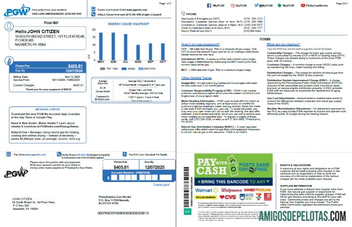 imprimível Modelo de conta de serviços públicos da Philadelphia Gas Works nos formatos Word e PDF, 3 páginas, 1 2 páginas